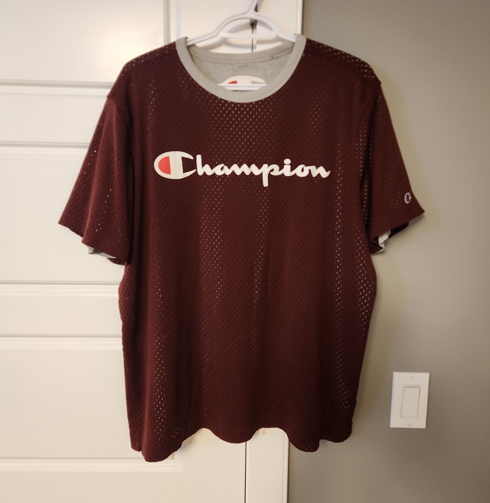 Champion Reversible Men’s Maroon Mesh Logo Tee with White Trim